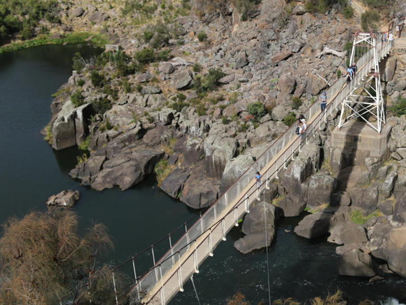 Blick von oben auf Hängebrücke
