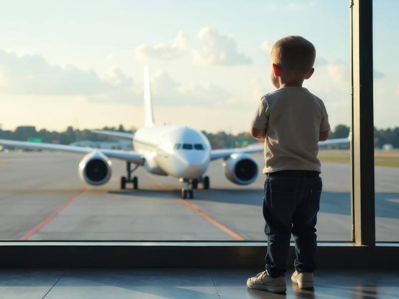kind steht am flughafen und schuat flugzeug an