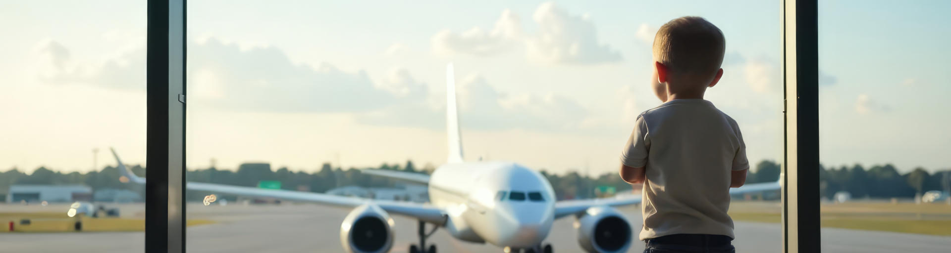 Kind steht am Flugahfen und schaut auf ein Flugzeug