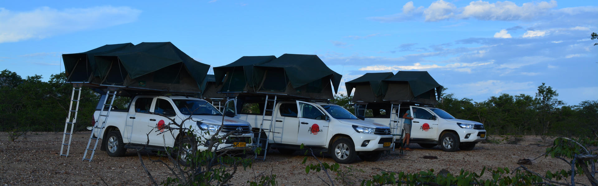 Mehrere Premium Toyota Hilux 4 Pax von AfriCar Car Hire nebeneinander in Namibia